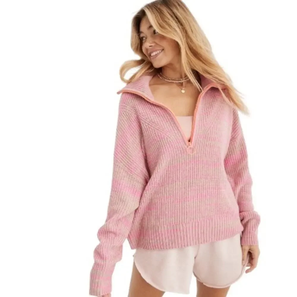 Aerie Space Dye Quarter Zip Sweater Wool Blend Lip Gloss Pink Orange Zipper L